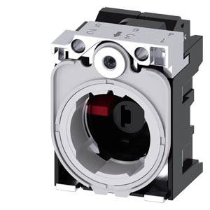 Nahaufnahme eines kreisförmigen industriellen Kontrollschalters oder Steckverbindermoduls mit schwarzem Gehäuse und silberner Frontmontageplatte.