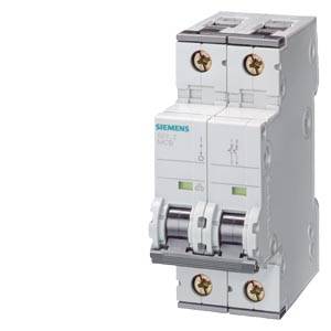 Weißer zweipoliger Leistungsschalter von Siemens mit zwei Kippschaltern und Schraubklemmen, dargestellt vor neutralem Hintergrund.
