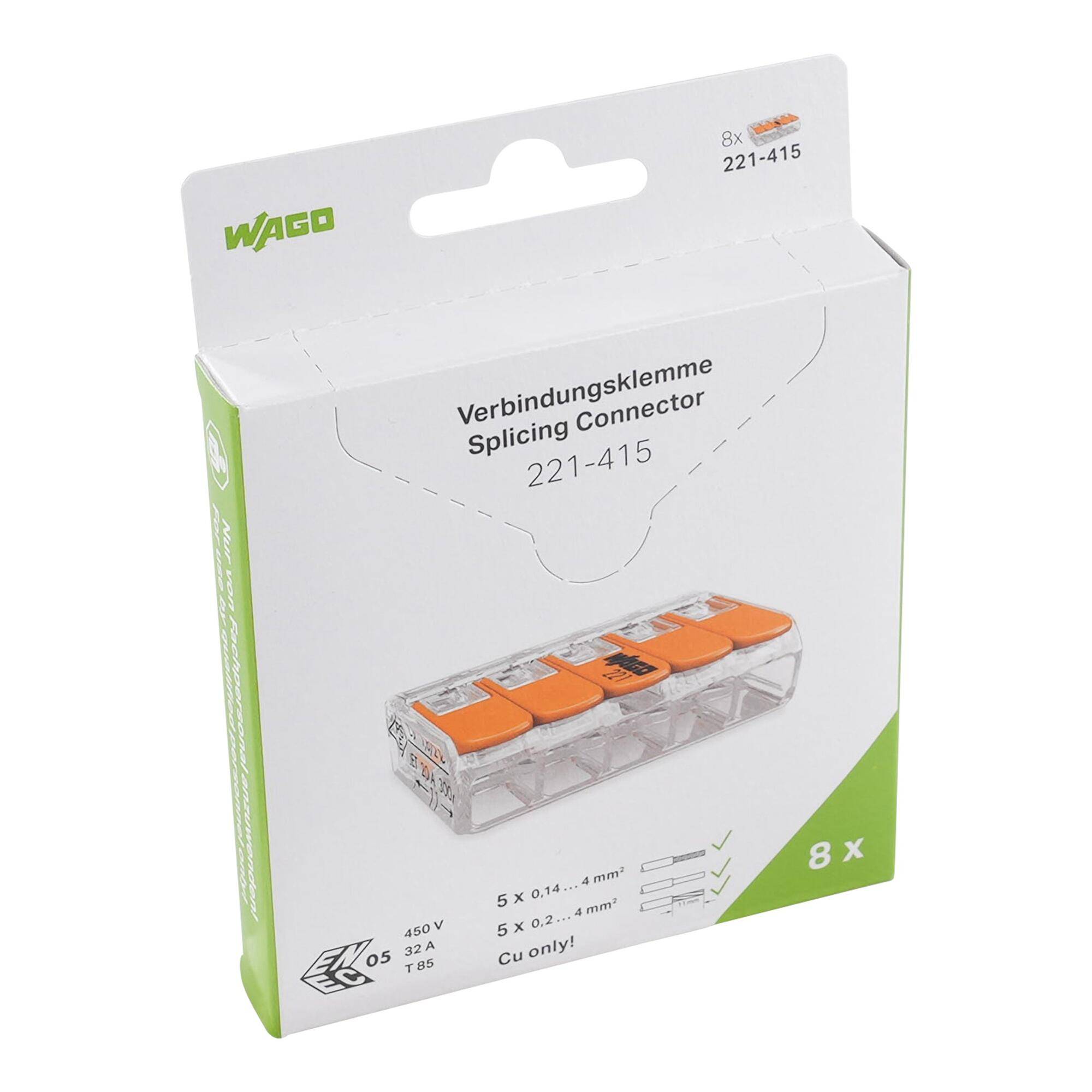 WAGO 221-415 Verbindungsklemmen-Paket, zeigt eine 8er-Packung transparenter Klemmen mit orangefarbenen Hebeln und Produktkennzeichnung.