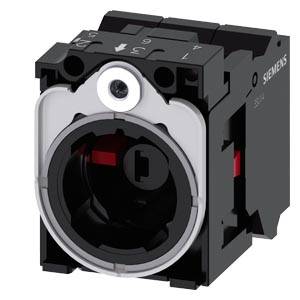 Nahaufnahme eines Siemens-Industriesteuertastenschalters, schwarz mit silbernem kreisförmigen Bezel und roter innerer Komponente.