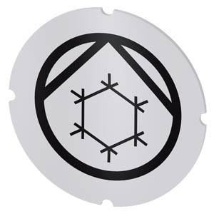 Einlegeschild für Leuchtdrucktaster, rund, milchig mit schwarzer Schrift, mit grafischem Symbol: Kühlmittelpumpe
