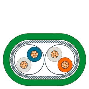 Querschnittdiagramm eines gepanzerten Elektrokabels mit zwei isolierten Leitern in einer grünen Außenhülle.