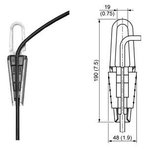 Illustration und bemaßte Seitenansicht eines Kabelverbinders/einer Kabelmuffe mit eingefügtem Draht und Abmessungen von 190 mm Länge, 48 mm Breite und 19 mm über die Oberseite.
