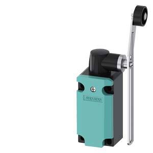 Mechanischer Endschalter mit Rollenhebel-Betätiger, dargestellt in türkiser und schwarzer Gehäuseausführung auf weißem Hintergrund.