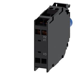Schwarzes DIN-Schienen-Elektroterminal/Modul in Profildarstellung mit vorderen Anschlussanschlüssen mit den Bezeichnungen X1, X2 und X3.