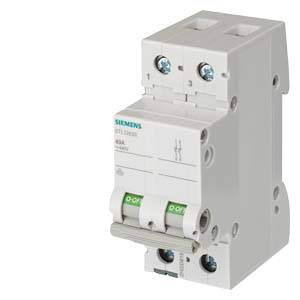 Weißer Siemens zweipoliger Leitungsschutzschalter mit zwei grünen Kippschaltern, dargestellt vor neutralem Hintergrund.