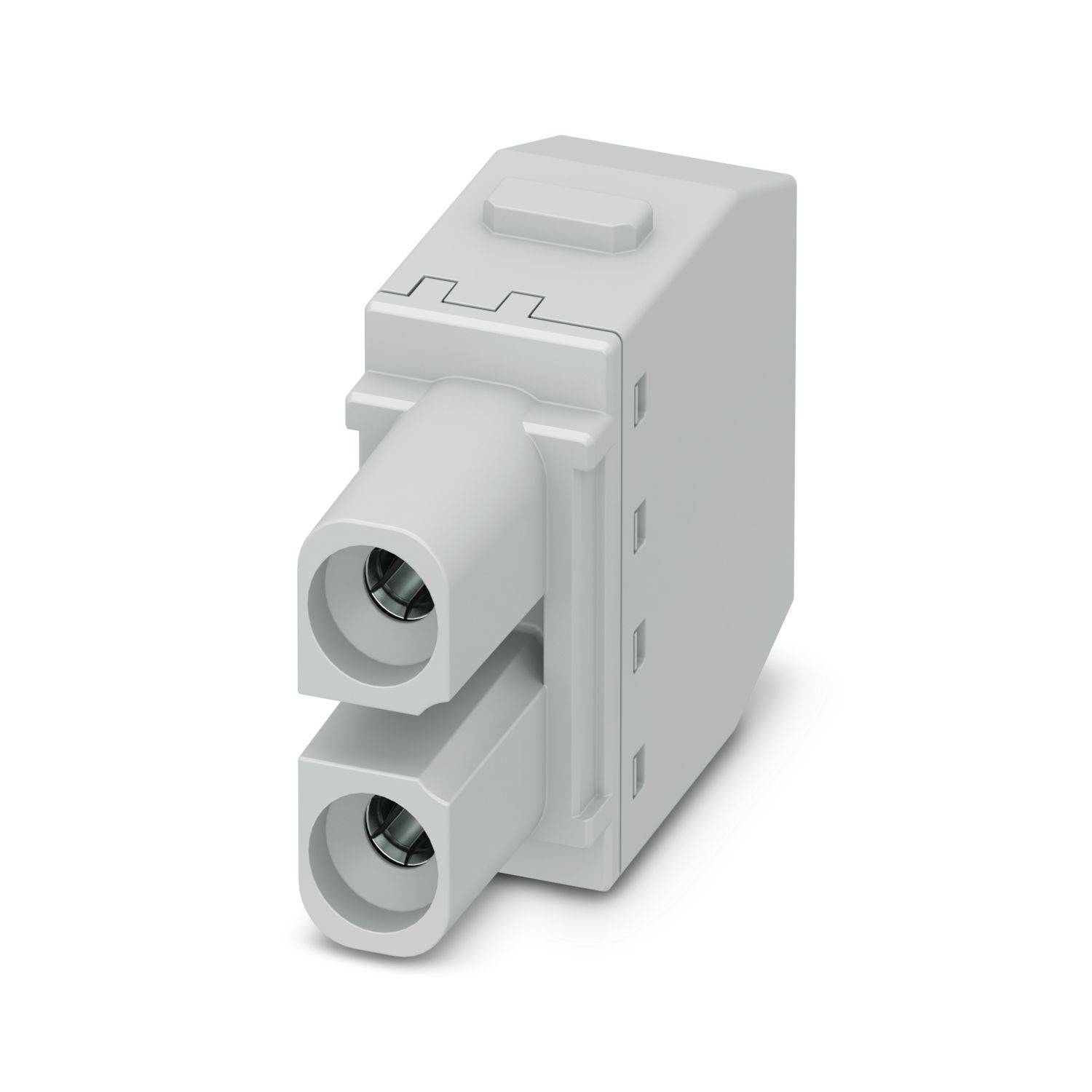 Weißer elektrischer Steckverbinder mit zwei runden Frontsockeln, dargestellt in einer 3D-Produktansicht auf neutralem Hintergrund.