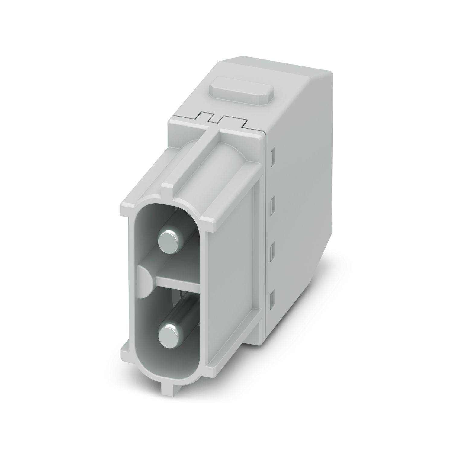 Weißer elektrischer Stecker mit zwei runden Metallstiften auf einfachem Hintergrund.