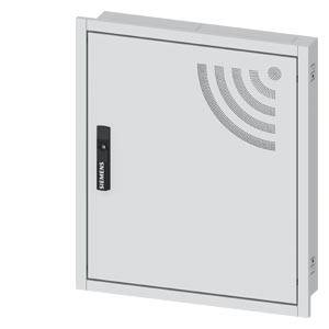 Weiße Siemens-Elektrosteuerschranktür mit kleinem schwarzem Griff und Signal-Wellen-Logo in der oberen rechten Ecke.