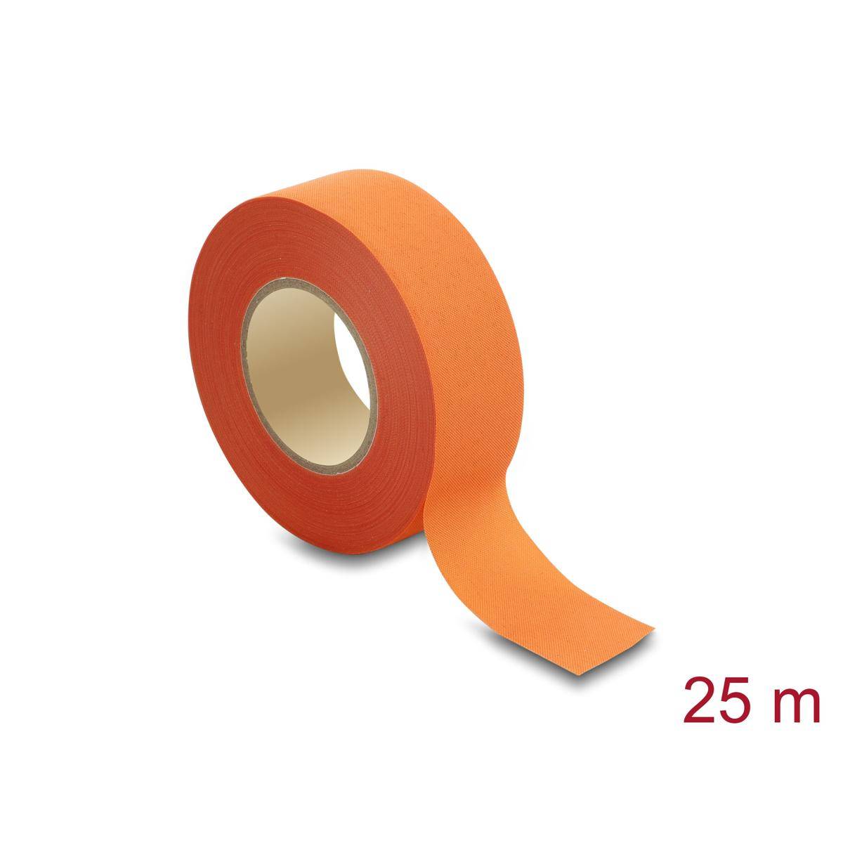 Orangefarbene Klebebandrolle mit einem lockeren Streifen, der herausragt; mit „25 m