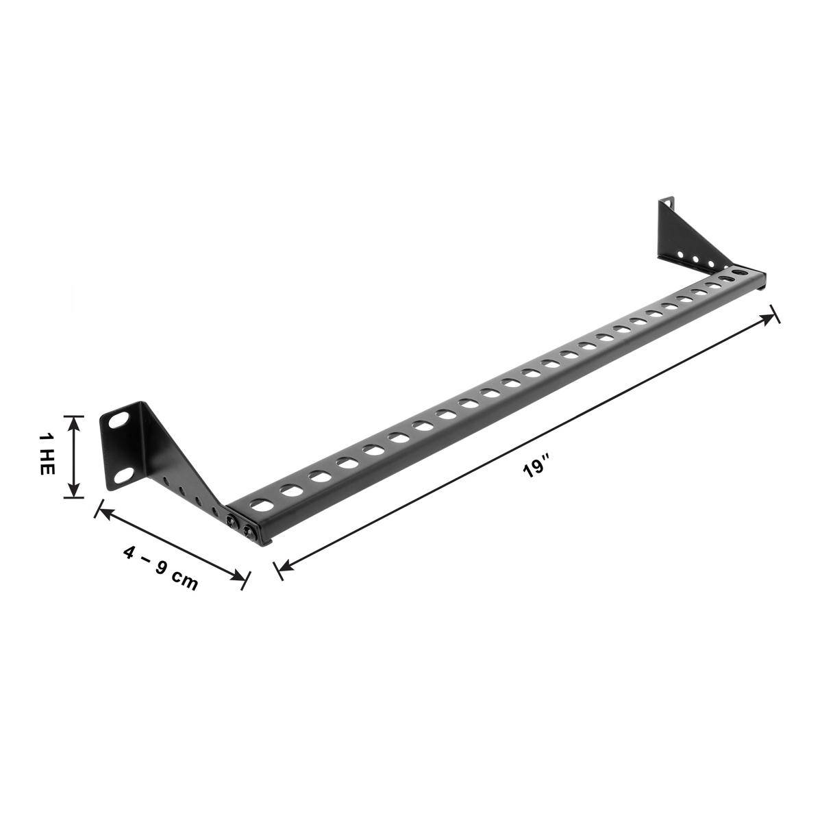 Durchlochte Metallmontagehalterung mit abgewinkelten Endplatten; Abmessungen: 19 Zoll lang, 4–9 cm breit und 14 cm hoch.