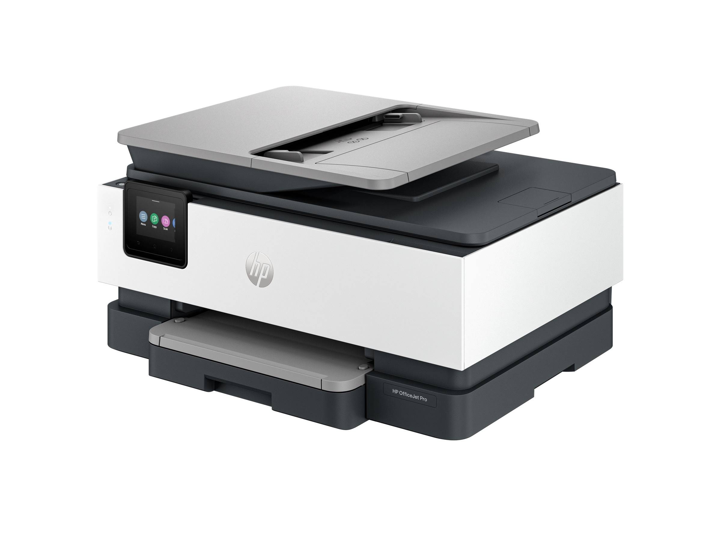 Ein weiß-schwarzer HP Multifunktionsdrucker mit Touchscreen, offener Flachbettscanner-Abdeckung und Papierfach, gezeigt vor einfachem Hintergrund.