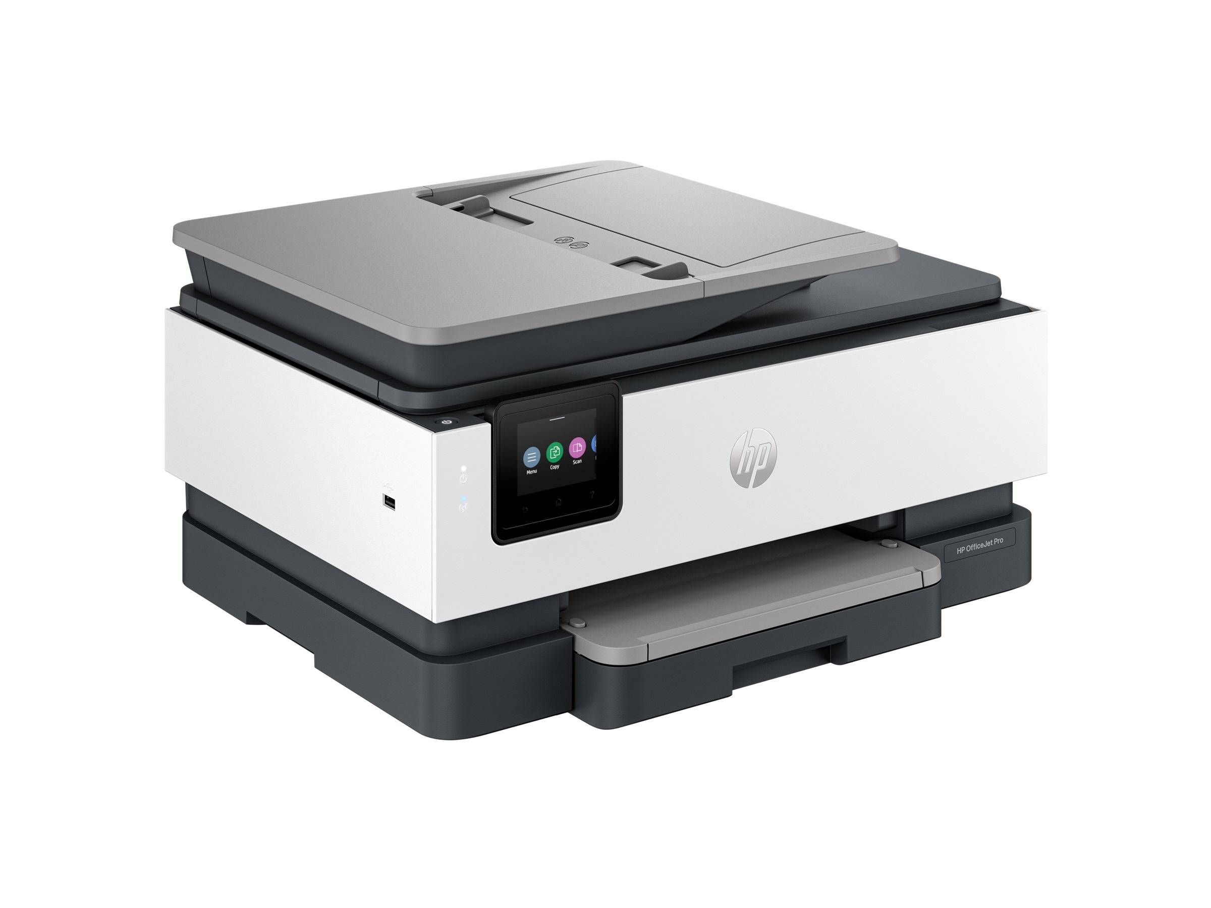 Ein HP-Multifunktionsdrucker mit Touchscreen-Bedienfeld und Papierfach, dargestellt auf weißem Hintergrund.