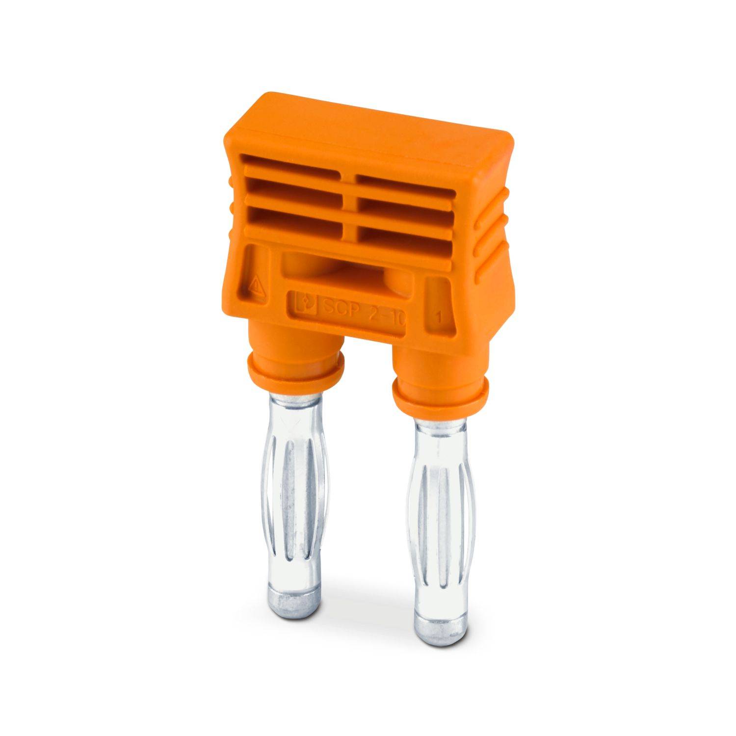 Orange Zweipoliger Elektrostecker-Adapter mit transparenten Kontaktstiften auf weißem Hintergrund.