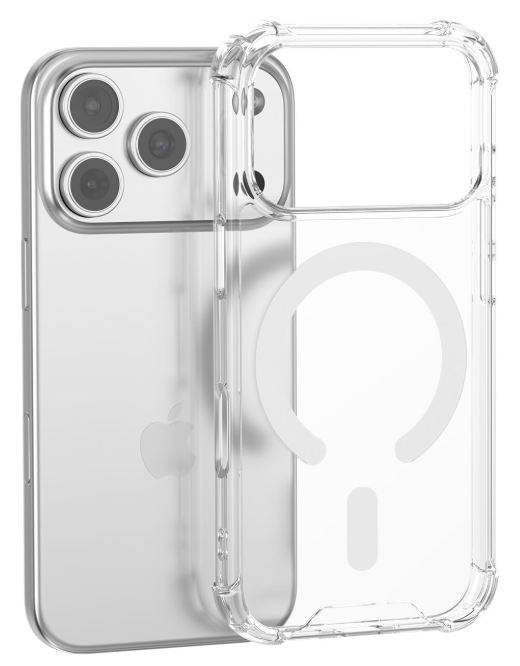 Transparente iPhone-Hülle, die vor einem silbernen iPhone gezeigt wird und das erhabene Kameraausschnitt und das MagSafe-Kreisdesign hervorhebt.