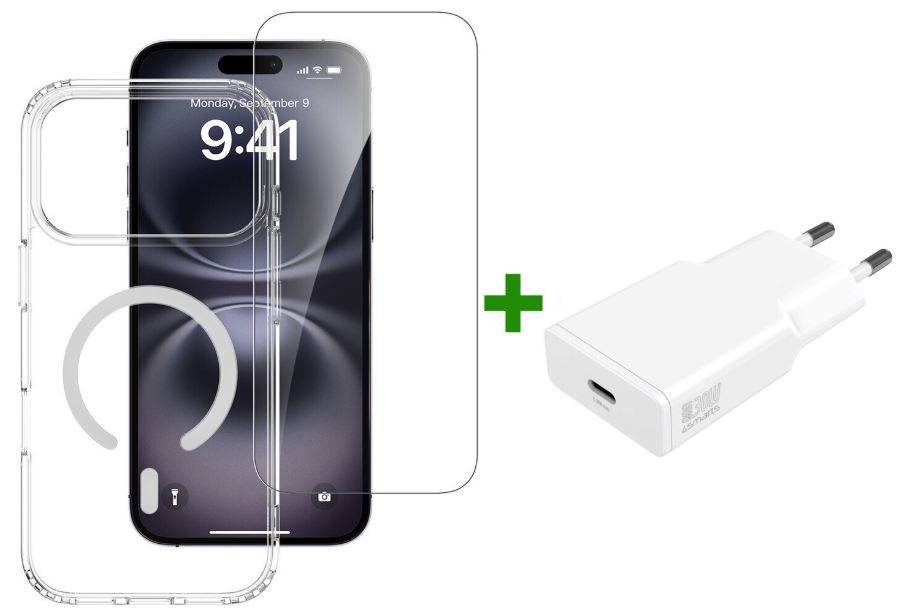 Transparente Handyhülle und Displayschutzfolie für ein iPhone, gezeigt mit einem USB-C-Wandladegerät.