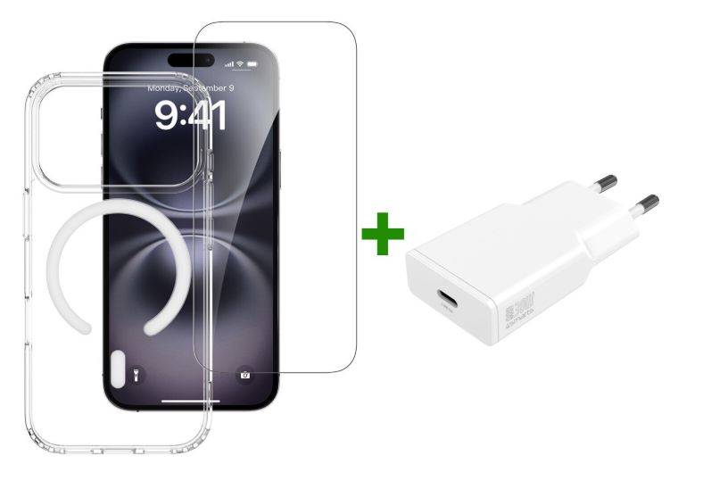 iPhone-Schutzhülle und Displayschutzfolie im Set mit weißem USB-Wandladegerät