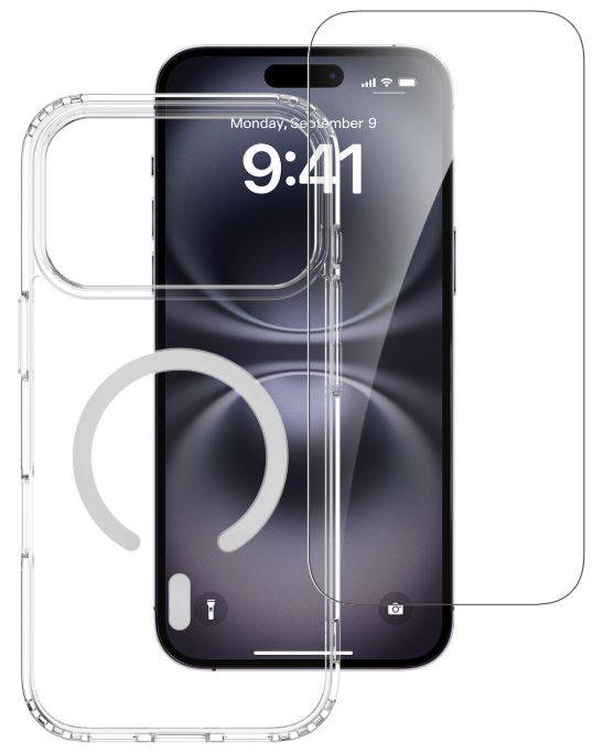 Durchsichtige iPhone-Hülle von vorne und von hinten gezeigt, die eine transparente Schutzabdeckung mit MagSafe-Ring und Kameraausschnitt hervorhebt.