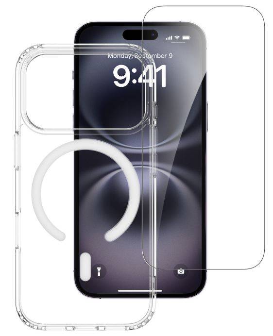 Transparente Handyhülle und magnetisches Ring-Zubehör über einem iPhone-ähnlichen Geräte-Mockup gezeigt.