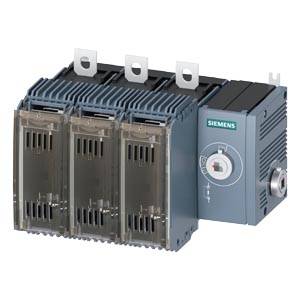 Siemens Industriestromschalter oder Schaltermodul mit drei vorderen Abdeckungen und Seitenverstellrad auf weißem Hintergrund