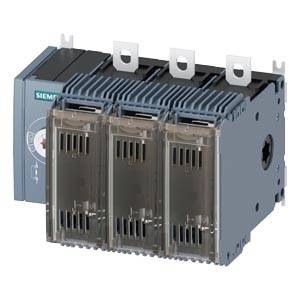 Ein dreipoliger Siemens-Leistungsschalter mit transparenten Frontabdeckungen und Montagelaschen, dargestellt auf weißem Hintergrund.