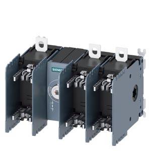 Siemens dreipoliger elektrischer Schütz oder Relaismodul mit Seitenpanelen und Ober-/Unterklemmen, isoliert auf weißem Hintergrund.