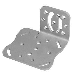 Silbermetall-Winkelverbinder im rechten Winkel mit mehreren vorbohrten Löchern zur Befestigung oder Verstärkung von Holzverbindungen.