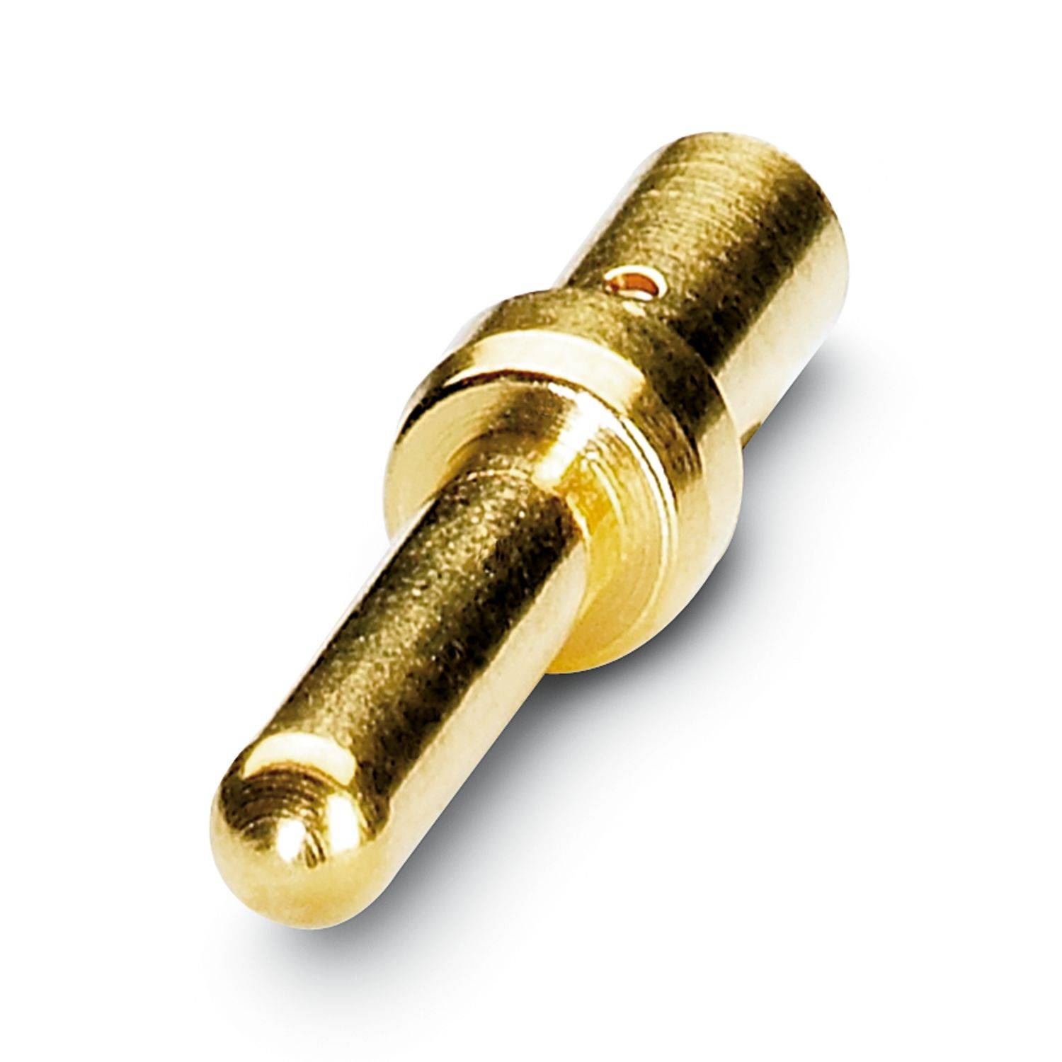 Vergoldeter Metallverbindungsstift mit zylindrischem Körper und abgerundeter Spitze auf weißem Hintergrund.