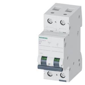 Weißer zweipoliger Siemens-Leitungsschutzschalter mit Ein-/Aus-Kippschaltern auf einfachem Hintergrund.