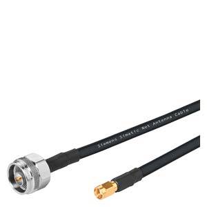 Schwarzes Siemens-Antennenkabel mit Metallstecker auf der einen Seite und Goldstecker auf der anderen Seite, dargestellt auf weißem Hintergrund.