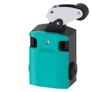 Ein industrieller Grenzschalter in Teal- und Schwarz mit einem silbernen Rollenhebel-Betätiger, gezeigt vor einem weißen Hintergrund.
