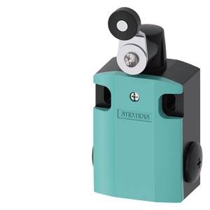 Siemens-Industrie-Endschalter mit Rollenhebelbetätiger, dargestellt in einem türkis- und schwarzen Gehäuse auf weißem Hintergrund.