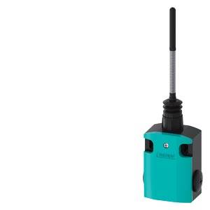 Tragbares Industrie-Sensor- oder Steuergerät in Blaugrün und Schwarz mit einer langen vertikalen Antenne, isoliert auf weißem Hintergrund dargestellt.