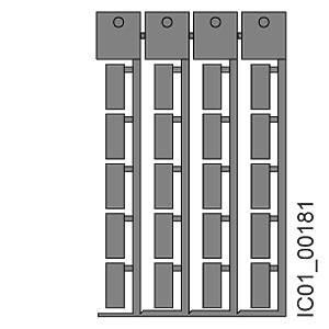 Diagramm von vier vertikalen scharnierähnlichen Streifen mit rechteckigen Segmenten und runden Löchern oben, gekennzeichnet mit 'IC01_00181'.