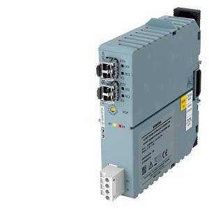 Industrielles elektronisches Modul mit zwei Glasfaserports, Status-LEDs und einem weißen Klemmblock auf einem grauen Gehäuse.