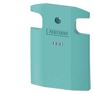 Türkise Kunststoffabdeckung von Siemens mit einer kleinen runden Öffnung und drei Schlitzen, auf weißem Hintergrund dargestellt.