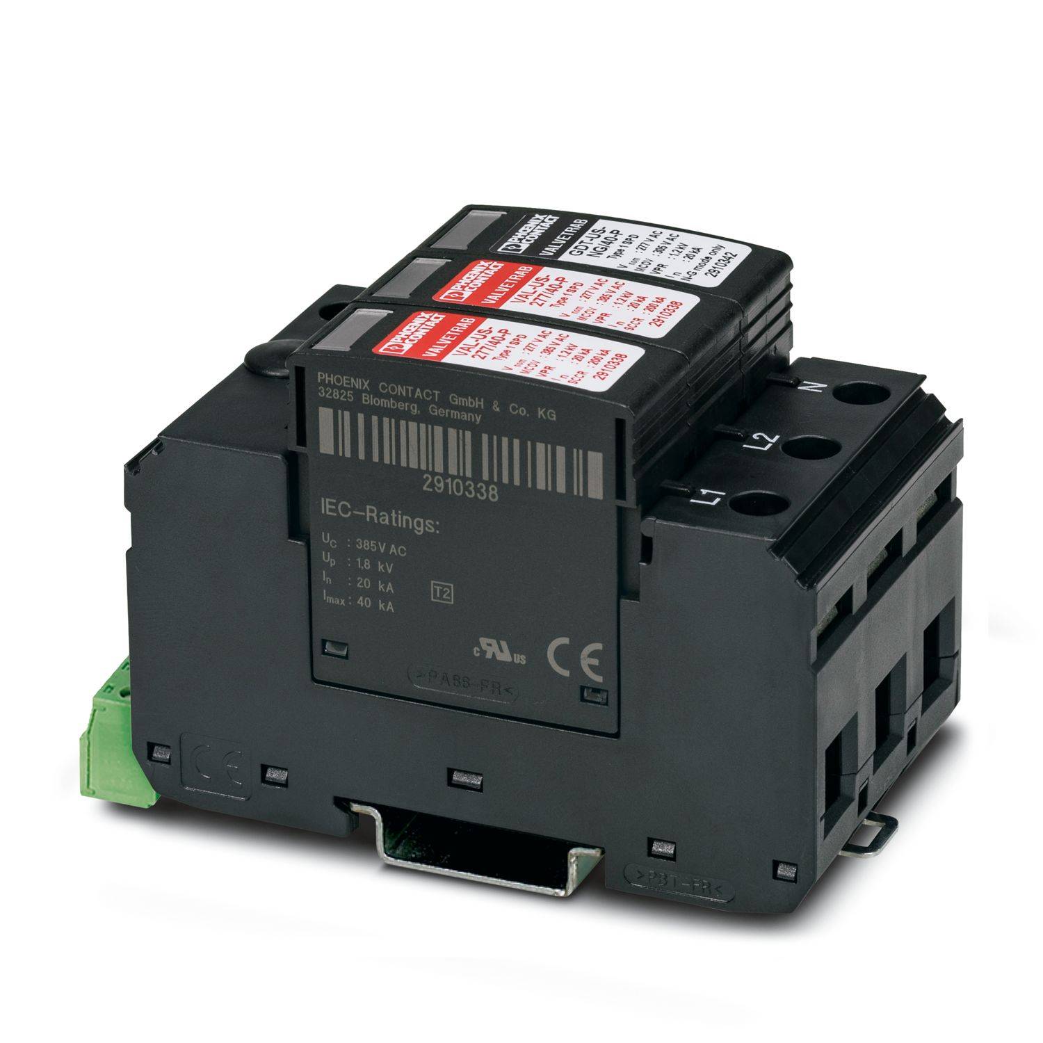 Schwarzer Phoenix Contact Elektroklemmenblock mit grünem Stecker und drei oberen Drahtanschlüssen auf weißem Hintergrund.