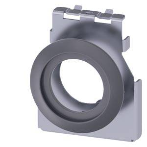 Grauer Metallmontagebügel mit großer kreisförmiger Öffnung und Klemmtabs oben, dargestellt auf weißem Hintergrund.