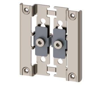 Metallwandmontageklammer mit zwei grauen verstellbaren Verriegelungsklemmen und Schraubenlöchern zur Befestigung eines Panels oder Geräts.