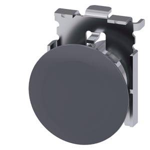 Ein schwarzer runder Druckknopf in einer Metallbefestigungshalterung, dargestellt als Produktdetailaufnahme auf weißem Hintergrund.