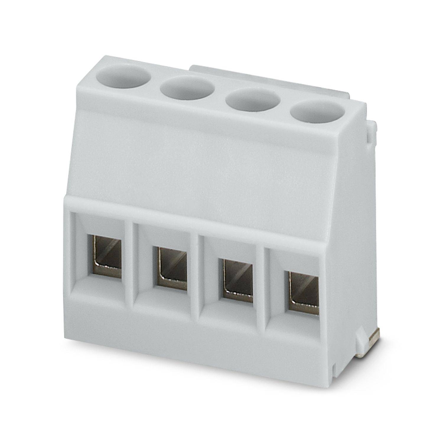 Weiße 4-Positions-Schraubenloses Elektrisches Klemmblock-Steckverbinder mit vier oberen Drahteinführungslöchern und vorderen Kontaktöffnungen.