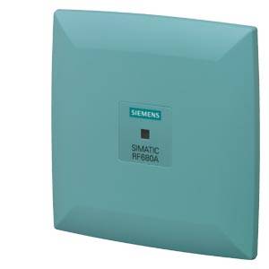 Teal Siemens SIMATIC RF680A quadratisches Industriegerät mit zentriertem Etikett auf einfachem weißem Hintergrund.