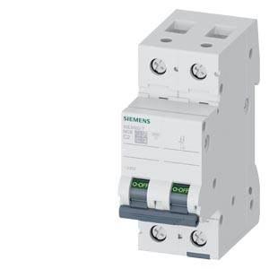 Weißer zweipoliger Siemens-Leitungsschutzschalter mit Kippschalter, freigestellt auf einfachem Hintergrund dargestellt.