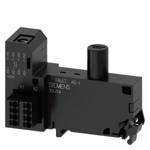 Schwarzes Siemens AS-i-Modul mit Schraubklemmen-Anschlüssen, Statusetiketten und einem zylindrischen Anschluss oben, auf weißem Hintergrund dargestellt.