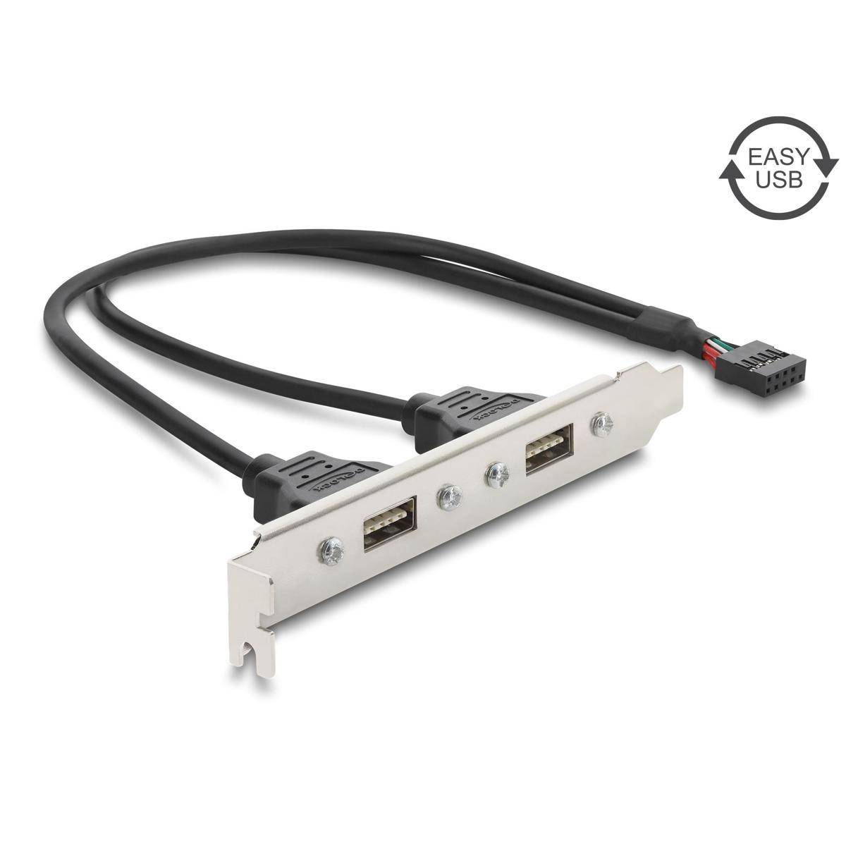 Interner USB-Header-Expansions-Anschlussrahmen mit zwei USB-A-Anschlüssen und Kabelstecker, gekennzeichnet mit „EASY USB