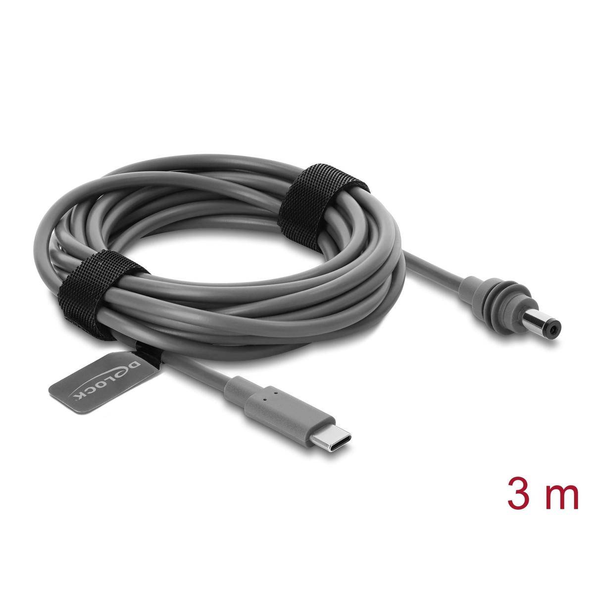 Aufgerolltes graues USB-C auf Strom-Barrel-Kabel mit Beschriftung 3 m, mit USB-C-Anschluss an einem Ende und rundem Gleichstrom-Stecker am anderen Ende.
