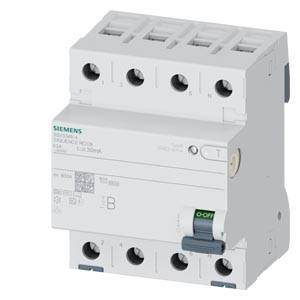 Weißer Siemens-Elektroschutzschalter mit vier Anschlüssen und einem blauen Kippschalter auf neutralem Hintergrund.