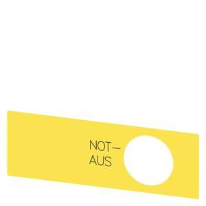 Gelbes Etikett mit einem großen kreisförmigen Loch in der Mitte und dem Text „NOT-AUS