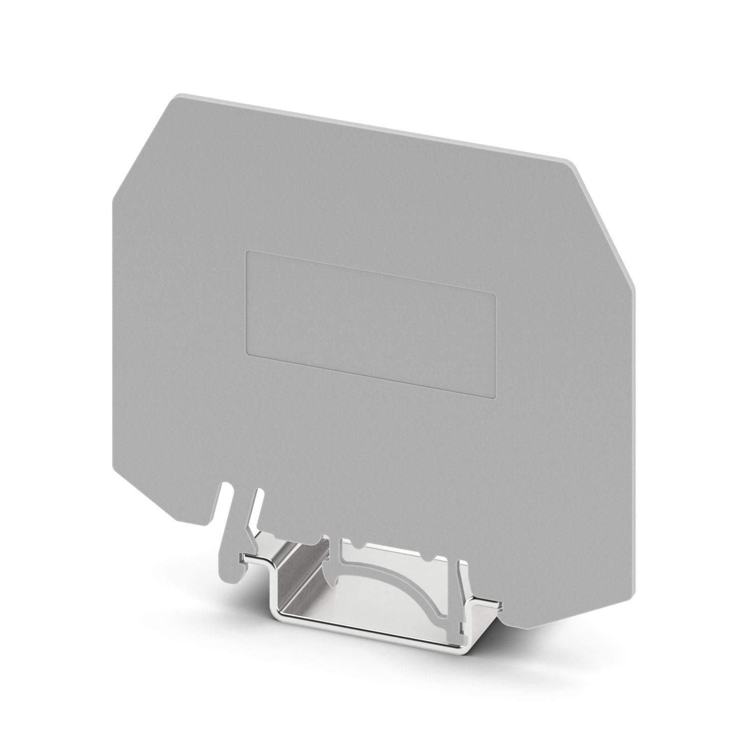 Grauer elektrischer Klemmblock oder DIN-Schienenstecker in einer Produktdarstellung, von vorne auf weißem Hintergrund dargestellt.