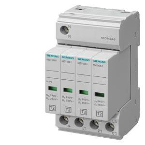 Ein Siemens-Überspannungsschutzmodul mit vier gekennzeichneten Anschlüssen und Statusfenstern, dargestellt in einem weißen Produktfoto.